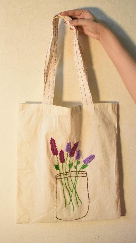 Lavender flower Jar/Tote Bag/Handmade Embroided Bag